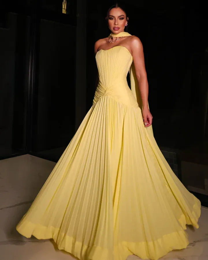 Strapless Sweetheart Pleated Cape A-Line Maxi Dress