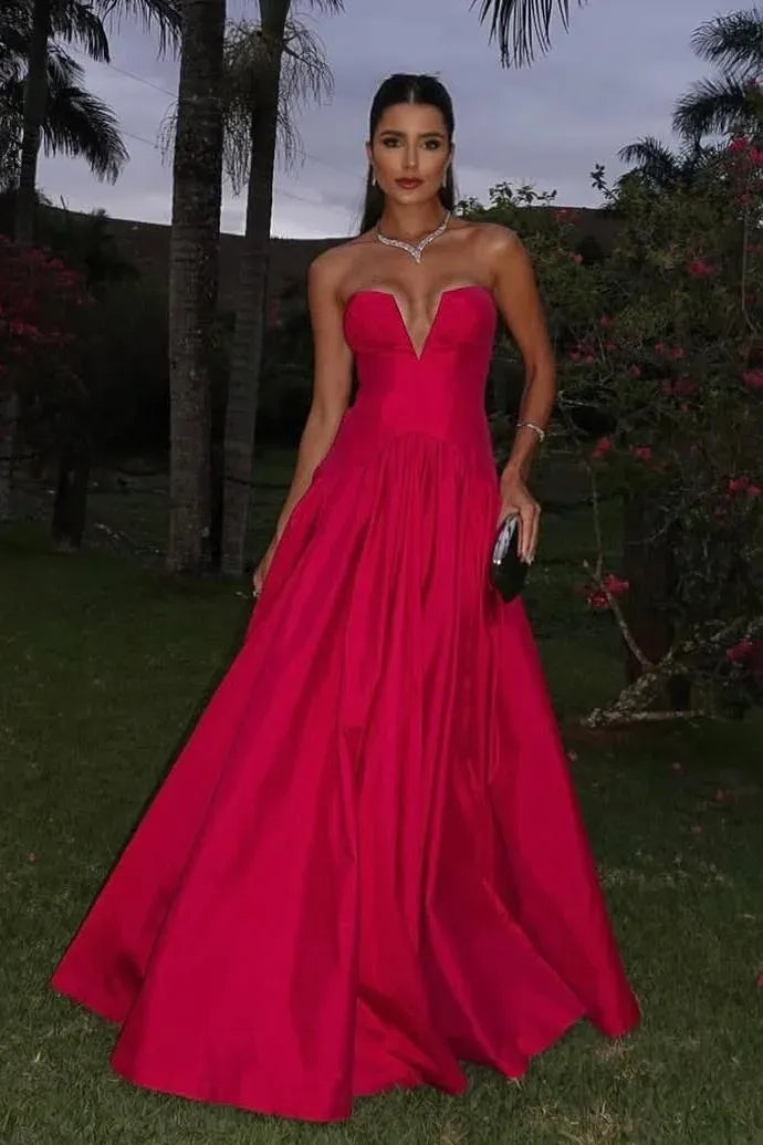 Strapless V-Neck A-Line Ball Gown Maxi Dress