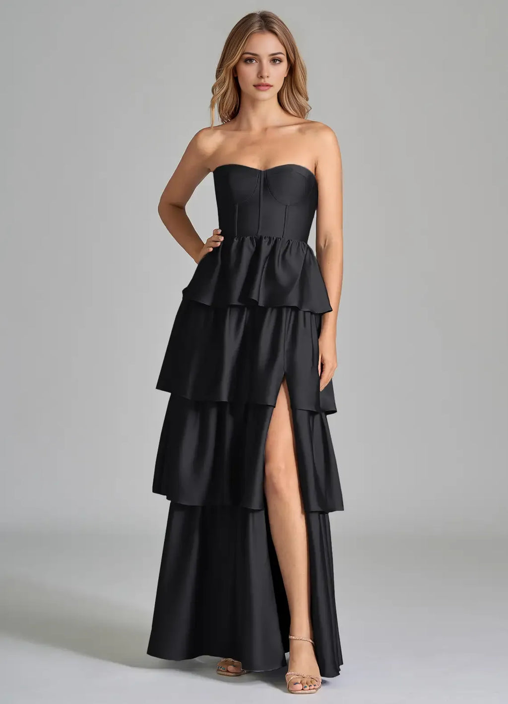 Glamorous Tiered Satin Strapless Sleeveless Open Back Floor Length Bridesmaid Dress