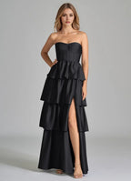 Glamorous Tiered Satin Strapless Sleeveless Open Back Floor Length Bridesmaid Dress