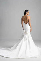 Glamorous Trumpet Cowl Neck Spaghetti Strap Bow Back Floor Length Wedding Dress