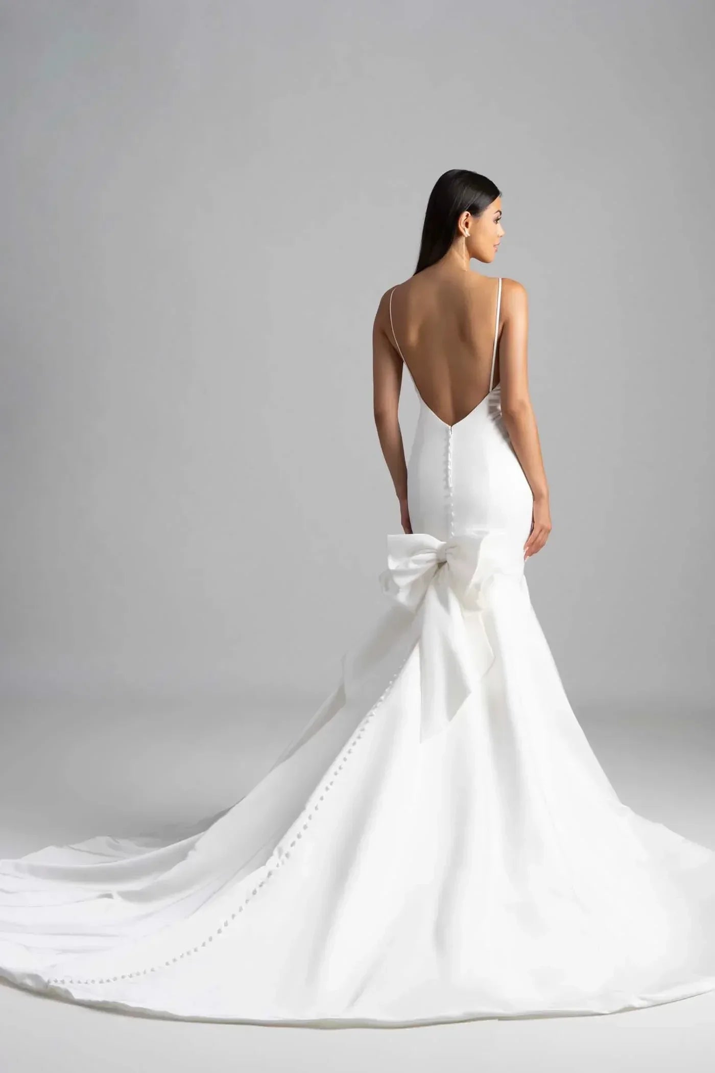 Glamorous Trumpet Cowl Neck Spaghetti Strap Bow Back Floor Length Wedding Dress