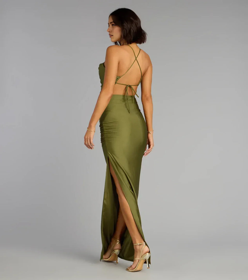 Glamorous Trumpet Cowl Neck Spaghetti Strap Lace Up Back Floor Length Prom Dress
