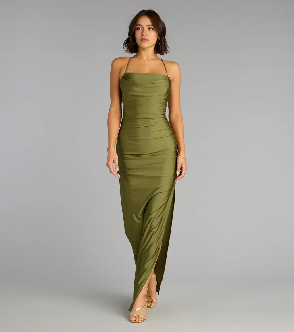 Glamorous Trumpet Cowl Neck Spaghetti Strap Lace Up Back Floor Length Prom Dress