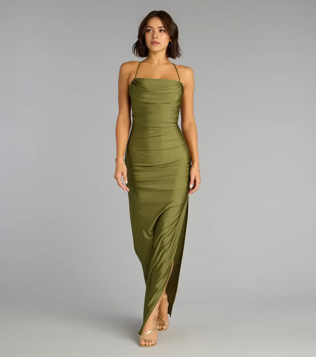 Glamorous Trumpet Cowl Neck Spaghetti Strap Lace Up Back Floor Length Prom Dress