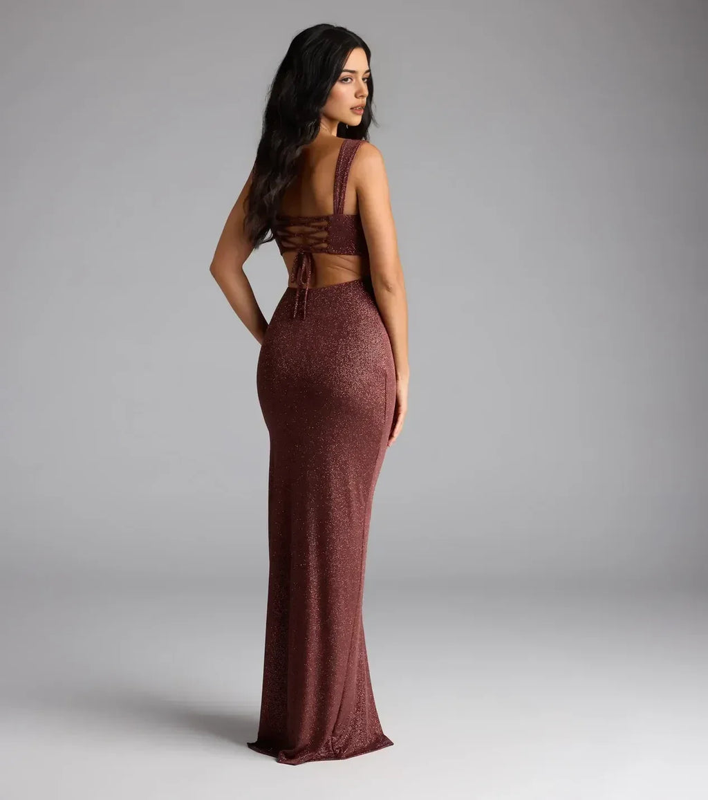 Glamorous Trumpet Square Neck Sleeveless Lace Up Back Floor Length Prom Dress