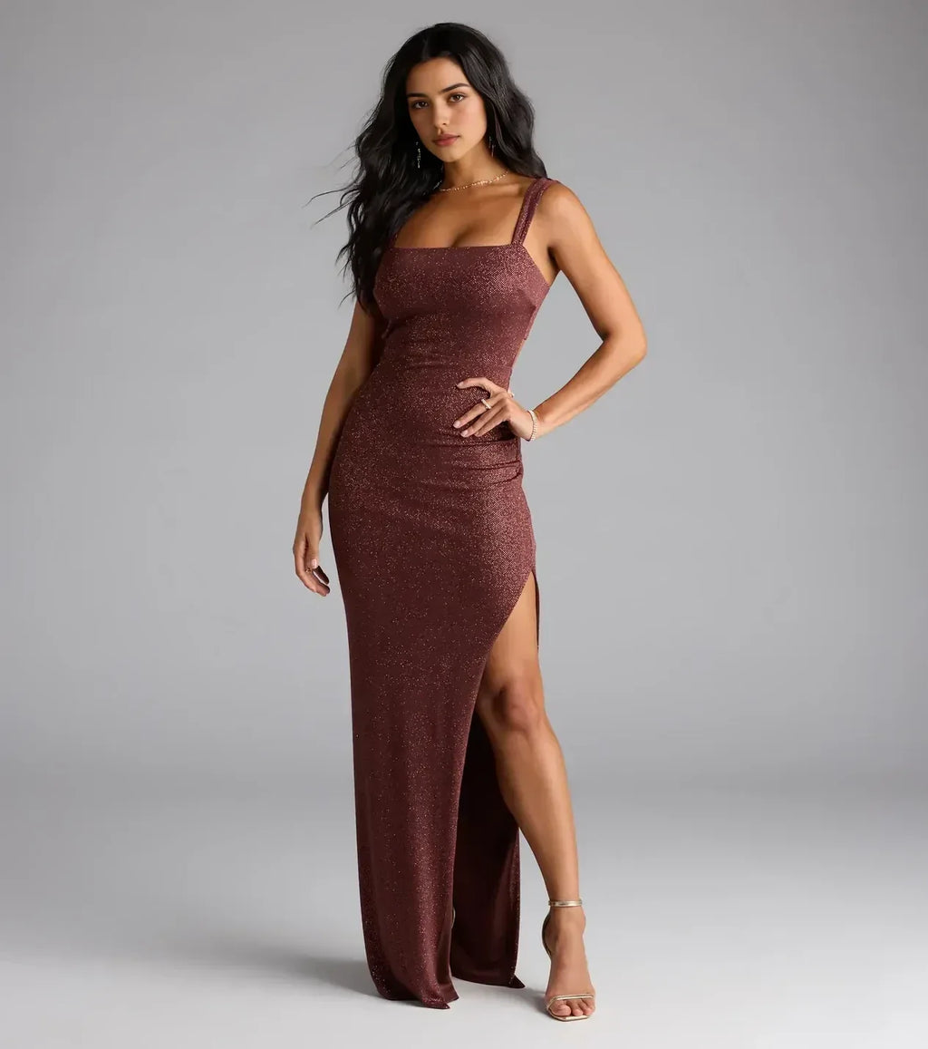 Glamorous Trumpet Square Neck Sleeveless Lace Up Back Floor Length Prom Dress