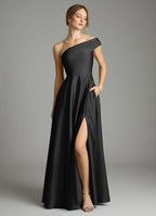 Glamorous satin a line one shoulder sleeveless open back floor length bridesmaid dress with high slit and pockets