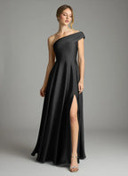 Glamorous satin a line one shoulder sleeveless open back floor length bridesmaid dress with high slit and pockets