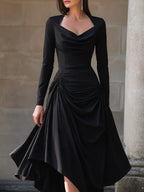 Glamorous A-Line Cowl Neck Long Sleeve Ruched Black Midi Prom Dresses With Asymmetrical Hem
