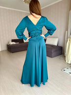 A-Line Deep V Neck Long Sleeve Pleated Floor-Length Prom Dress