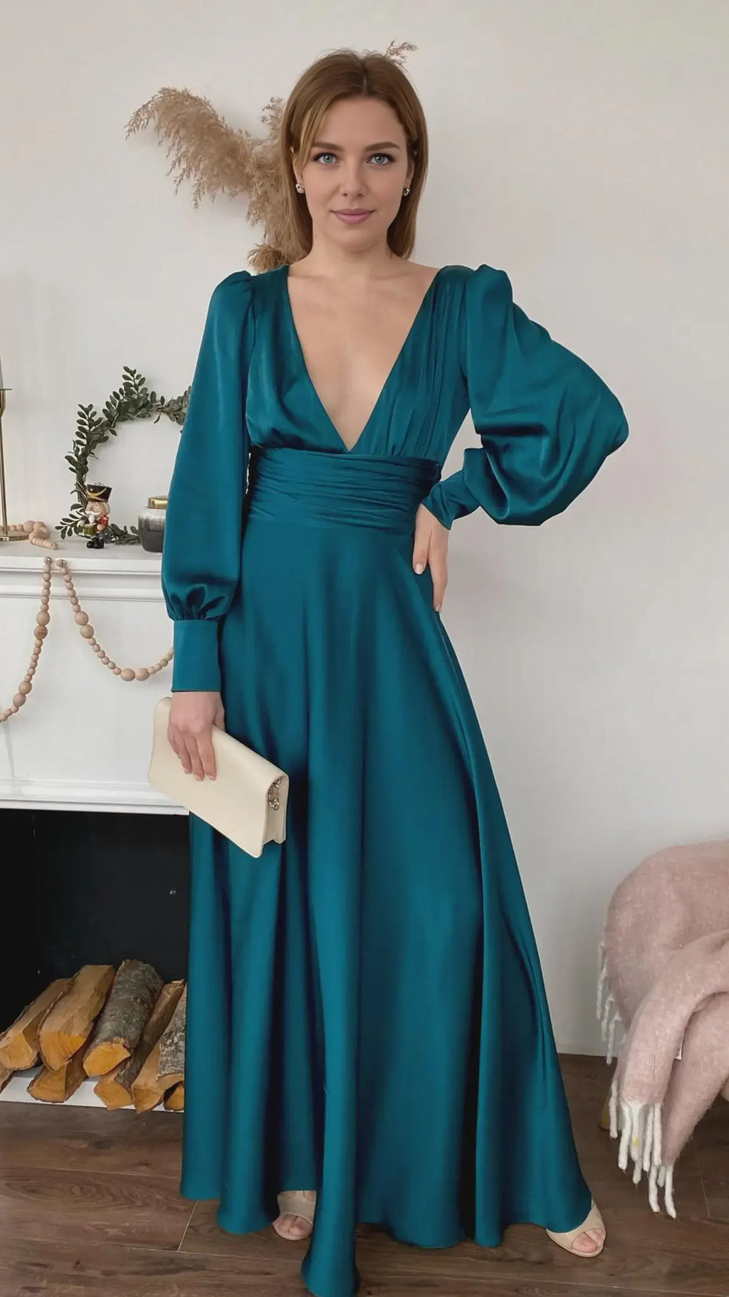 A-Line Deep V Neck Long Sleeve Pleated Floor-Length Prom Dress