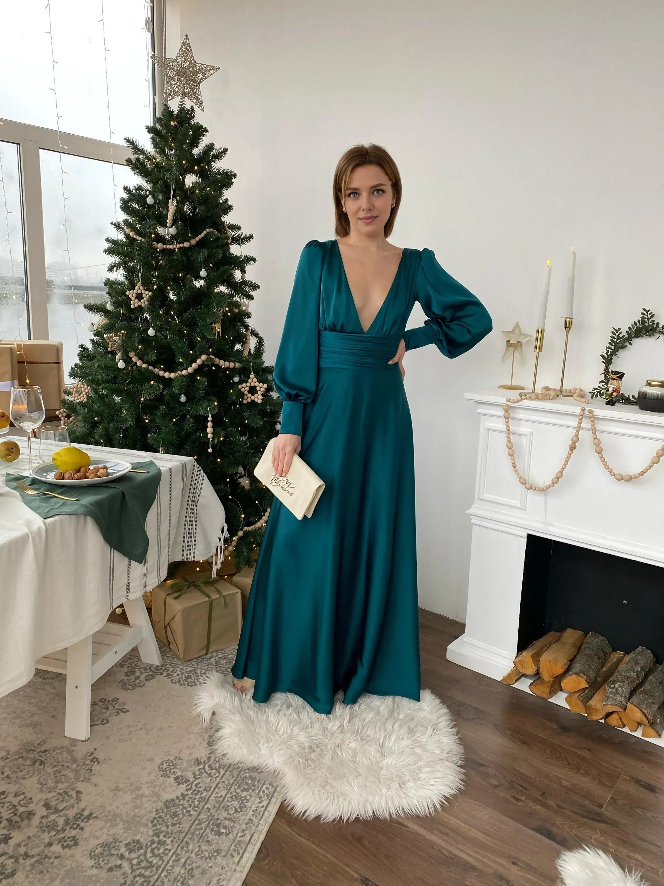 A-Line Deep V Neck Long Sleeve Pleated Floor-Length Prom Dress