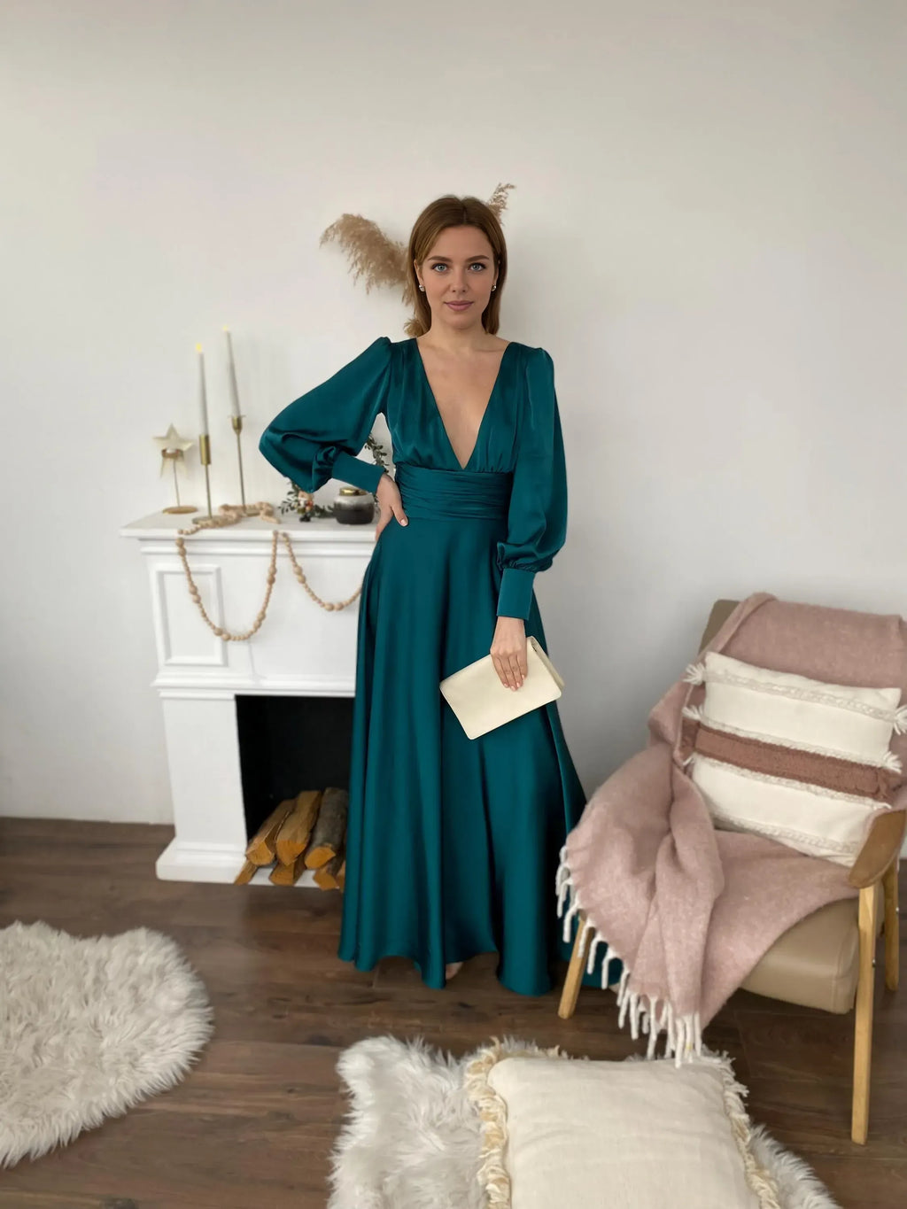 A-Line Deep V Neck Long Sleeve Pleated Floor-Length Prom Dress