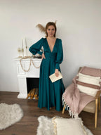 A-Line Deep V Neck Long Sleeve Pleated Floor-Length Prom Dress