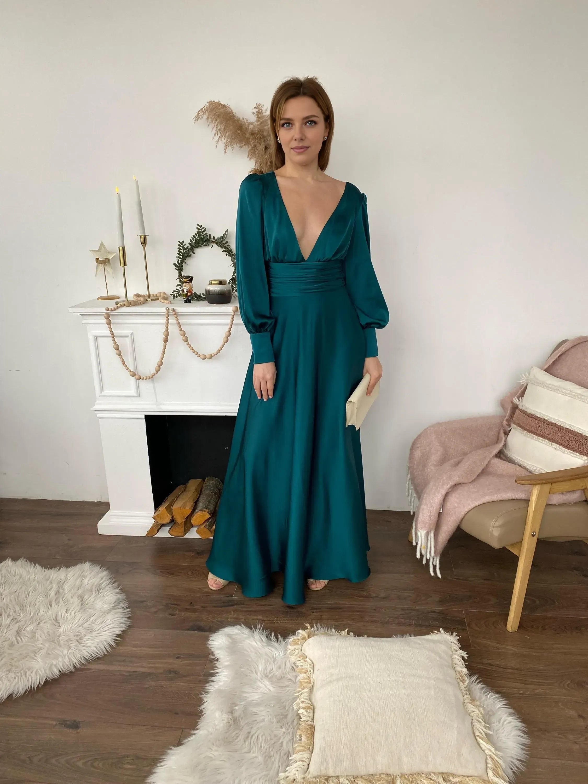 A-Line Deep V Neck Long Sleeve Pleated Floor-Length Prom Dress
