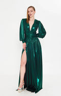 A-Line Deep V Neck Long Sleeve Slit Metallic Floor-Length Prom Dress
