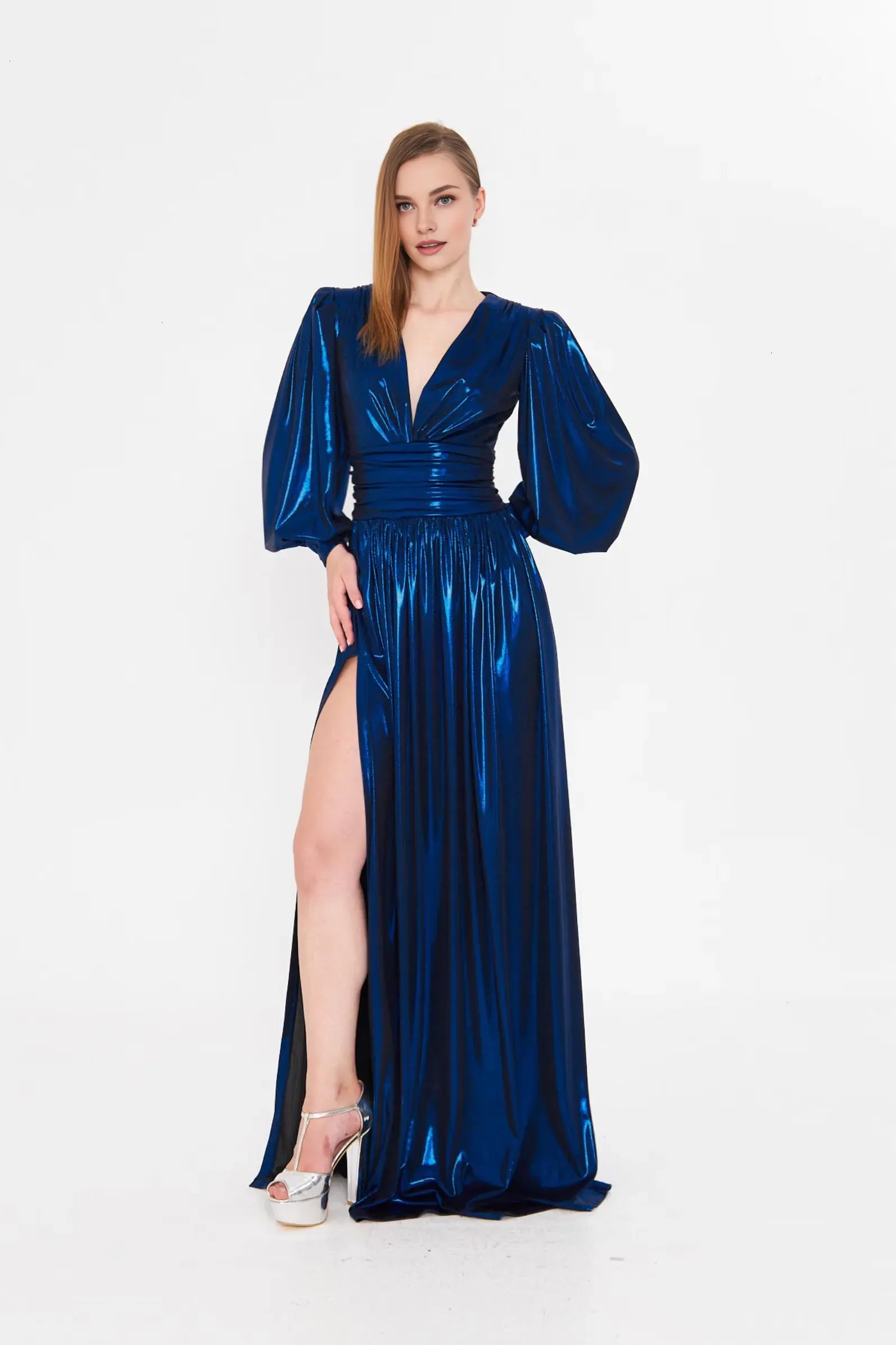 A-Line Deep V Neck Long Sleeve Slit Metallic Floor-Length Prom Dress