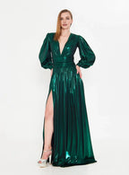A-Line Deep V Neck Long Sleeve Slit Metallic Floor-Length Prom Dress
