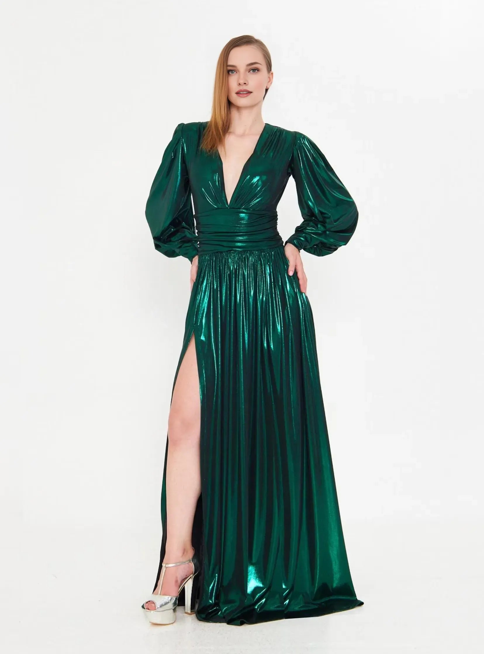A-Line Deep V Neck Long Sleeve Slit Metallic Floor-Length Prom Dress