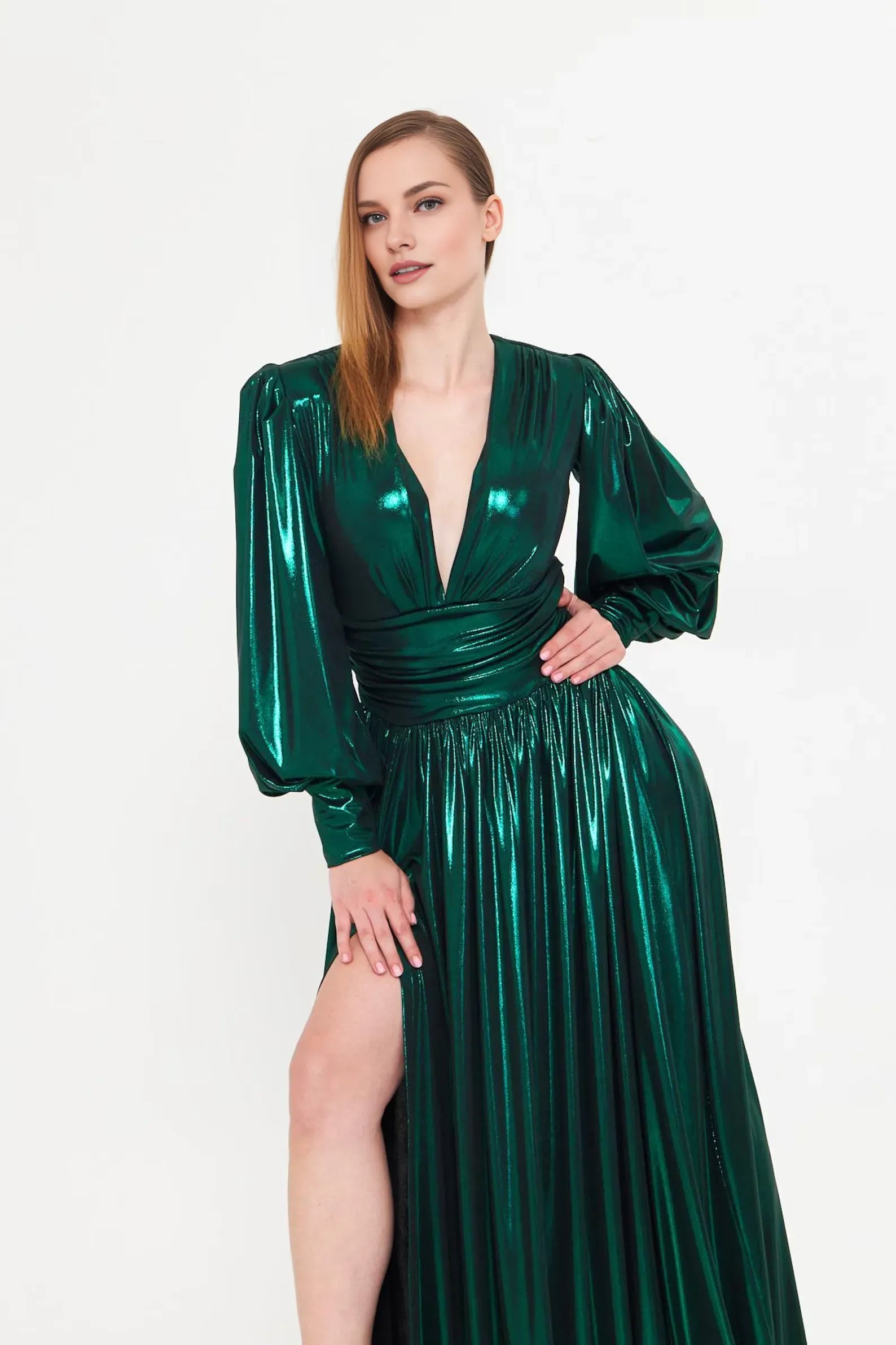 A-Line Deep V Neck Long Sleeve Slit Metallic Floor-Length Prom Dress