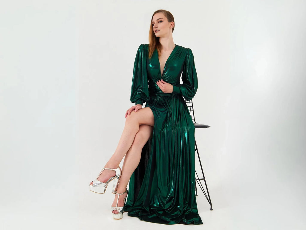 A-Line Deep V Neck Long Sleeve Slit Metallic Floor-Length Prom Dress