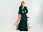 A-Line Deep V Neck Long Sleeve Slit Metallic Floor-Length Prom Dress