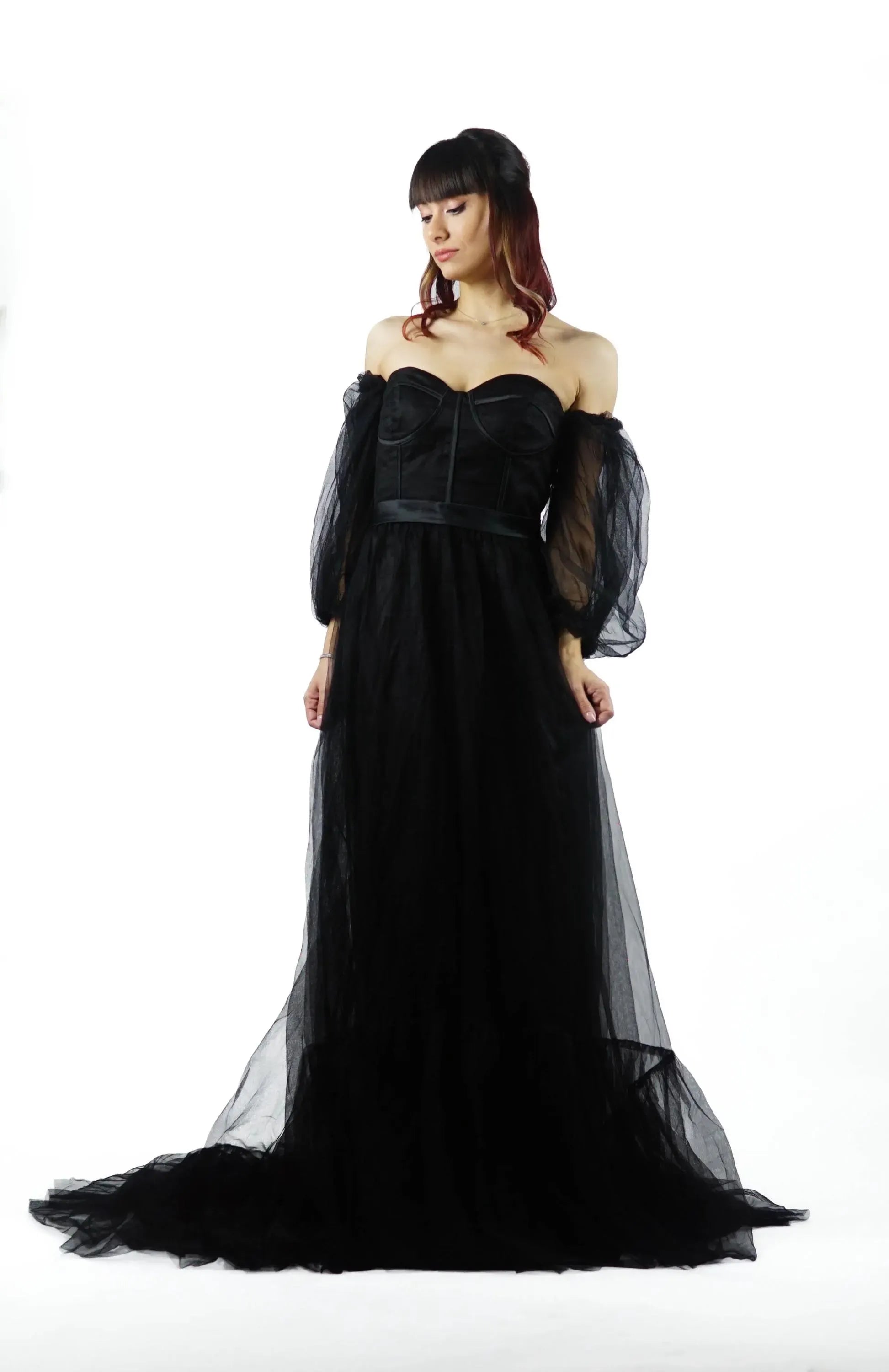 Glamorous Off Shoulder Corset Prom Dress With Boned Bodice Aline Tulle Puff Sleeves Black Train For Prom Goers