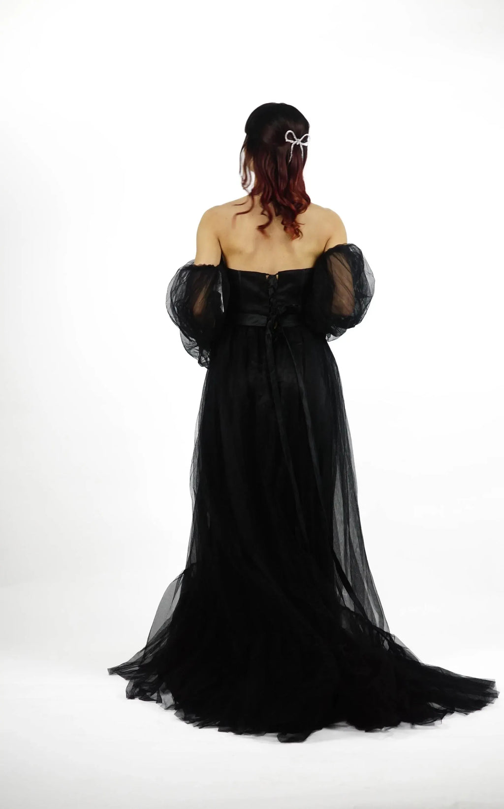 Glamorous Off Shoulder Corset Prom Dress With Boned Bodice Aline Tulle Puff Sleeves Black Train For Prom Goers