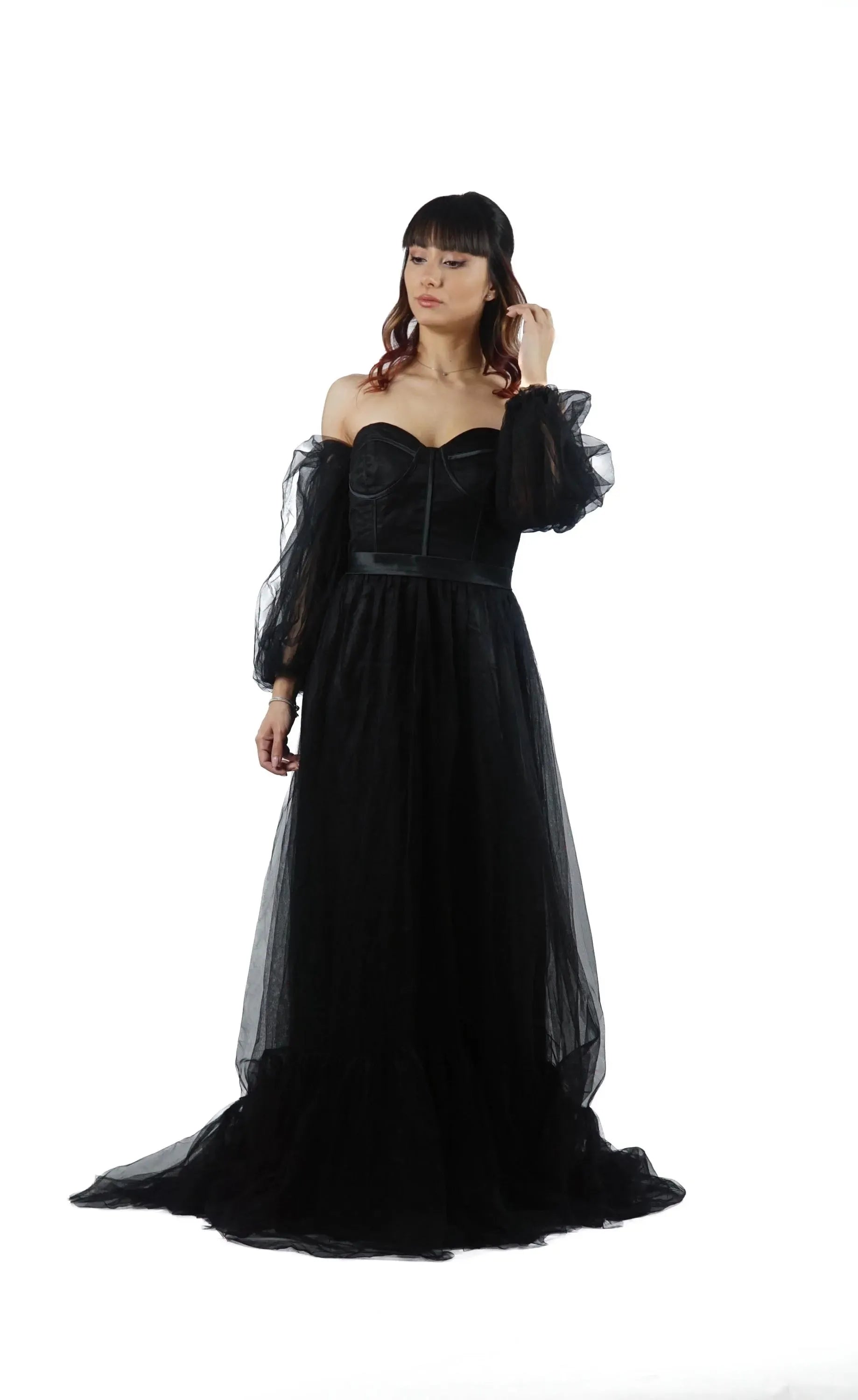 Glamorous Off Shoulder Corset Prom Dress With Boned Bodice Aline Tulle Puff Sleeves Black Train For Prom Goers