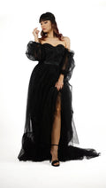 Glamorous Off Shoulder Corset Prom Dress With Boned Bodice Aline Tulle Puff Sleeves Black Train For Prom Goers