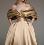 Glamorous A-Line Off Shoulder Ruffled Gold Train Prom Dress For Sale