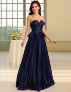 Glamorous A-Line Off Shoulder Peplum Pleated Sequin Navy Blue Evening Dress Hot Sale