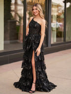 Glamorous A-Line One-Shoulder Applique Sequin Black Train Prom Dress With Slit