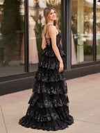 Glamorous A-Line One-Shoulder Applique Sequin Black Train Prom Dress With Slit