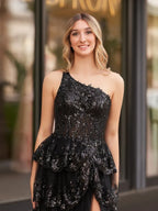 Glamorous A-Line One-Shoulder Applique Sequin Black Train Prom Dress With Slit