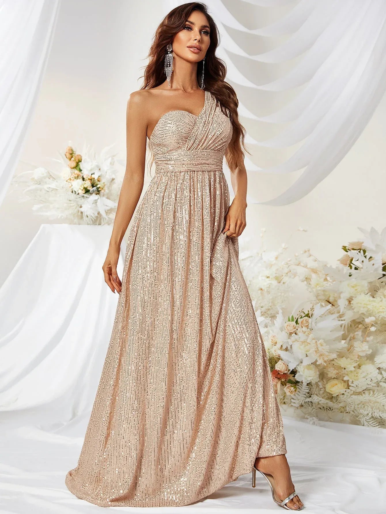 A-Line One-Shoulder Ruched Champagne Floor-Length Prom Dress