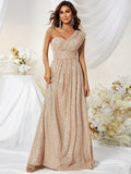A-Line One-Shoulder Ruched Champagne Floor-Length Prom Dress