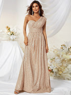 A-Line One-Shoulder Ruched Champagne Floor-Length Prom Dress