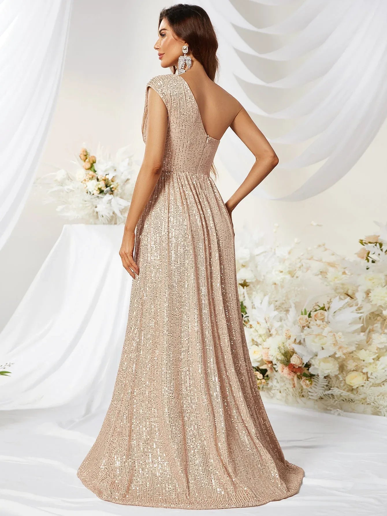 A-Line One-Shoulder Ruched Champagne Floor-Length Prom Dress