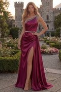 Prom Dress A Line One Shoulder Beaded Satin Burgundy Maxi for Red Carpet Glamour