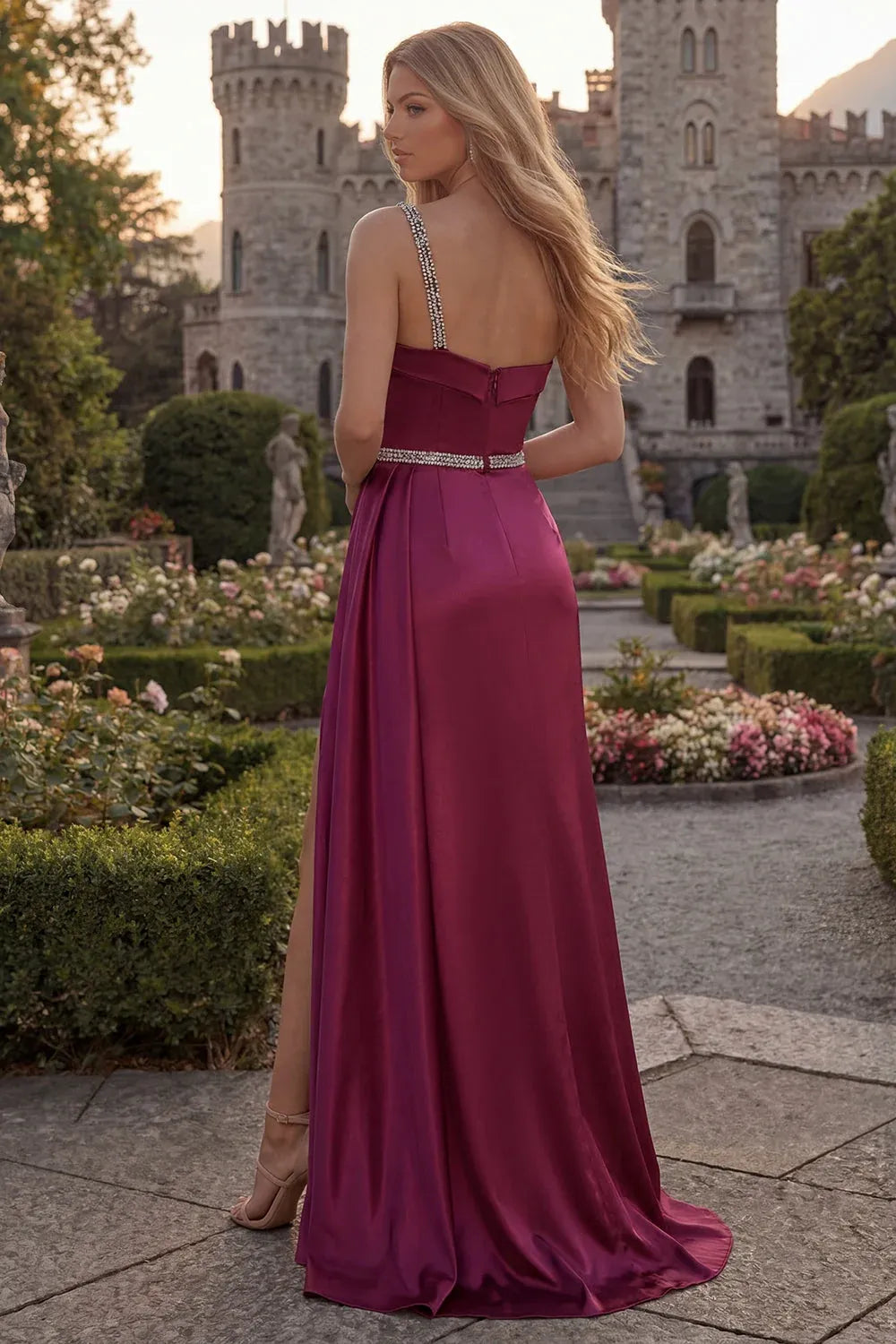 Prom Dress A Line One Shoulder Beaded Satin Burgundy Maxi for Red Carpet Glamour