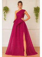 A-Line One Shoulder Sleeveless Slit Floor Length Prom Dress
