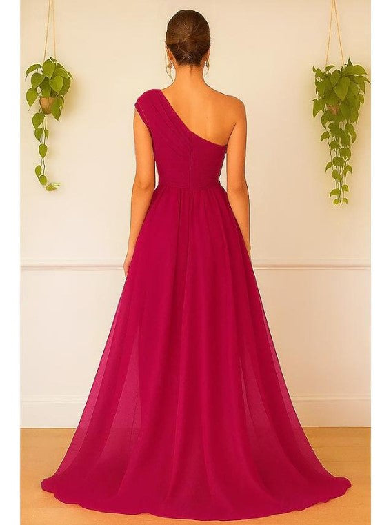 A-Line One Shoulder Sleeveless Slit Floor Length Prom Dress