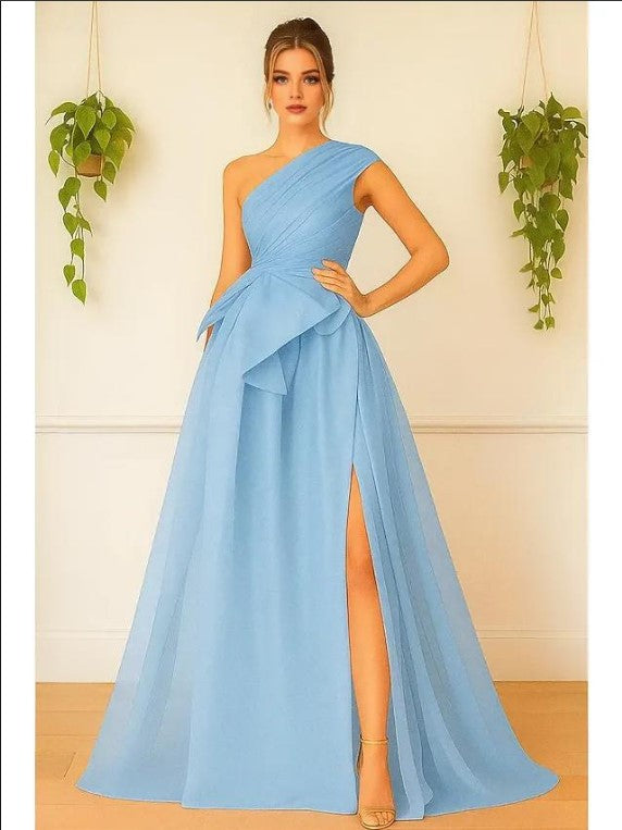 A-Line One Shoulder Sleeveless Slit Floor Length Prom Dress