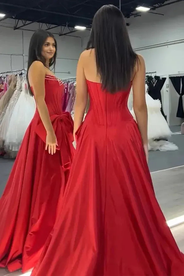 A-Line Strapless Beaded Bow Slit Prom Gown