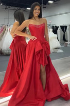 A-Line Strapless Beaded Bow Slit Prom Gown