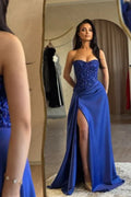 Glamorous A-Line Sweetheart Neck Sleeveless Beaded Royal Blue Maxi Prom Dress for Women Ready to Ship