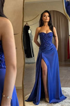 Glamorous A-Line Sweetheart Neck Sleeveless Beaded Royal Blue Maxi Prom Dress for Women Ready to Ship