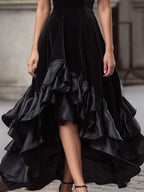 Glamorous A-Line Sweetheart Ruffle Velvet Black High Low Prom Dresses